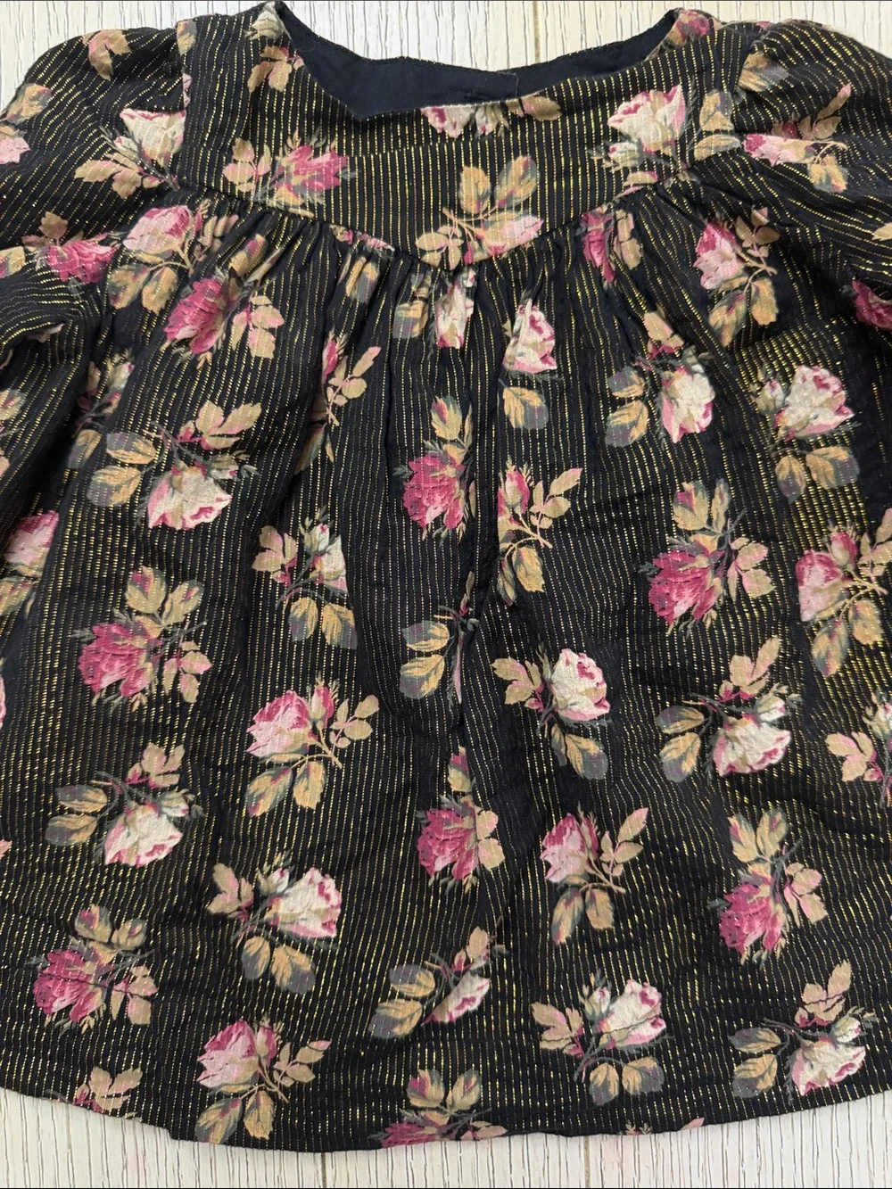GAP Black Dress with Pink Rose Floral and Gold Stripe Detail